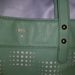 Large leather green/blue Fossil tote